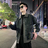 J109/P155控205痞帅小伙假两件格子拼接牛仔夹克外套男，男装夹克，电商A256