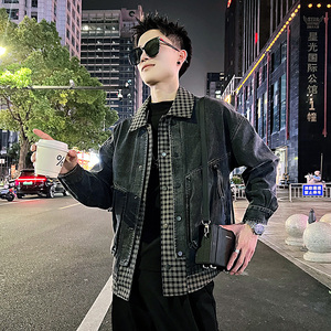 J109/P155控205痞帅小伙假两件格子拼接牛仔夹克外套男图片