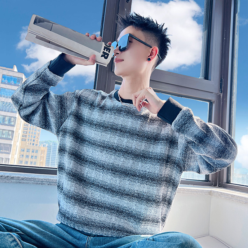 B132/P68控98潮牌小香风撞色条纹卫衣cleanfit秋冬套头长袖男灰3，男装卫衣，电商A256