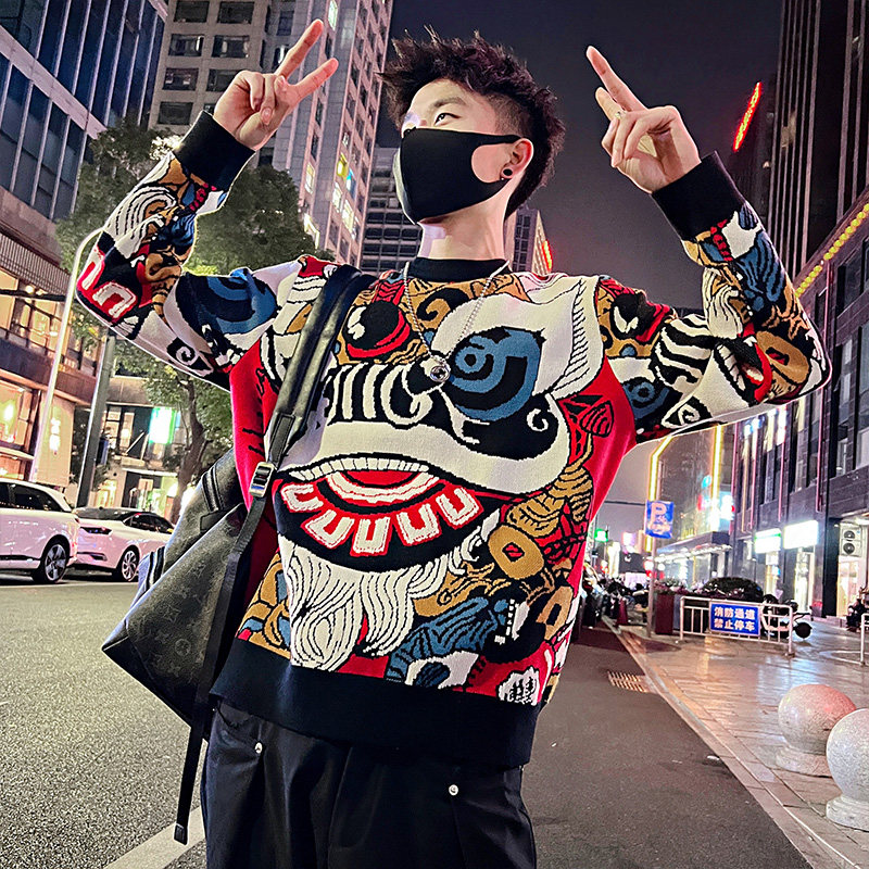 MC150/特P98控138秋冬加厚帅气小伙过年醒狮提花套头毛衣红色男2,男装针织衫/毛衣,电商A256