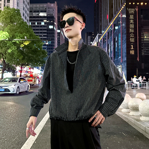S606/P68控98帅气小伙假两件松紧前短后长条纹衬衫男2图片