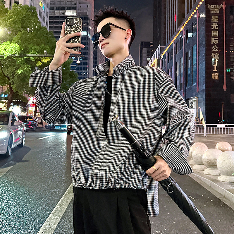 S607/P68控98痞帅小伙假两件夹克松紧前短后长格子衬衫男2,男装夹克,电商A256