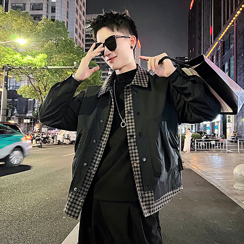 J107/P118控158 痞帅小伙假两件格子领拼接夹克帅气外套男黑图片