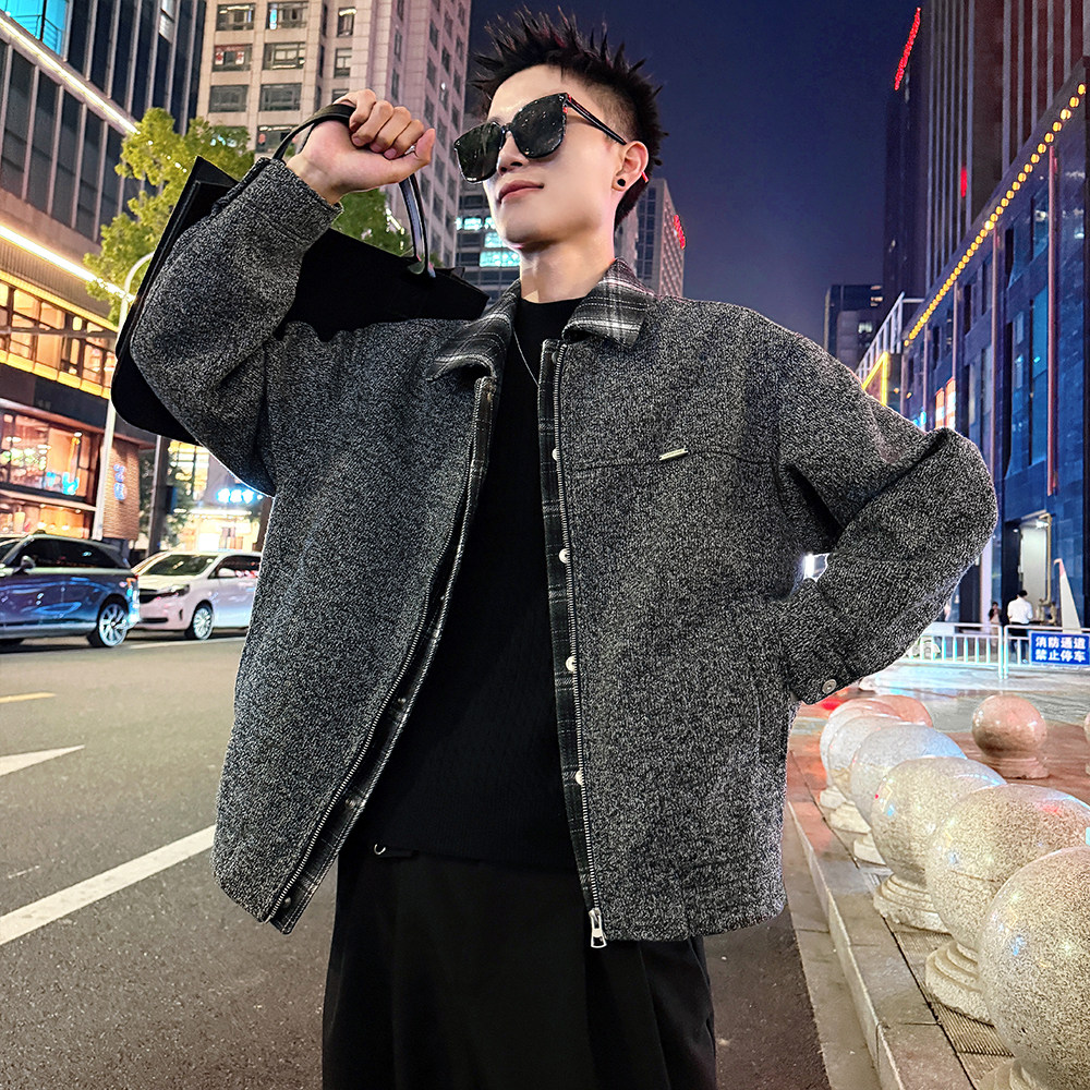 J183/特P158控208格子假两件花线呢料痞帅小伙外套男3,女装短外套,电商A256