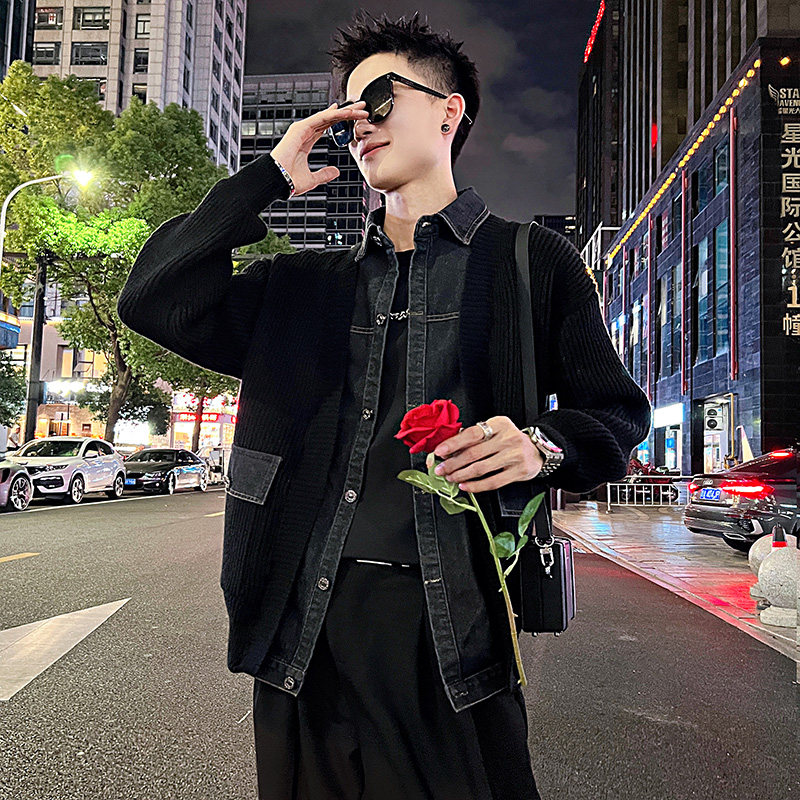 MC173/特P98控138个性假两件上衣牛仔拼接针织衫翻领开衫毛衣男2,男装针织衫/毛衣,电商A256
