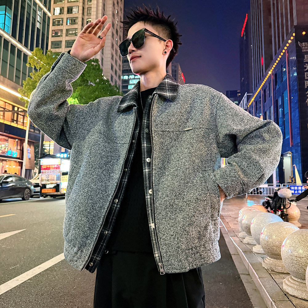 J183/特P158控208 格子假两件花线呢料痞帅小伙外套男4图片