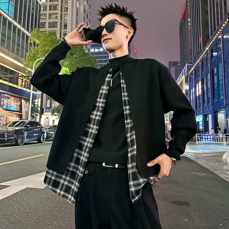 MC199/P110控150简约毛衣假两件格子内衬开衫针织外套男2,男装针织衫/毛衣,电商A256