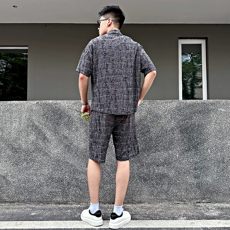 FT13-P98控138破洞条纹衬衫短裤套装男白2,男装休闲套装,电商A256