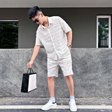 FT13-P98控138破洞条纹衬衫短裤套装男白2，男装休闲套装，电商A256