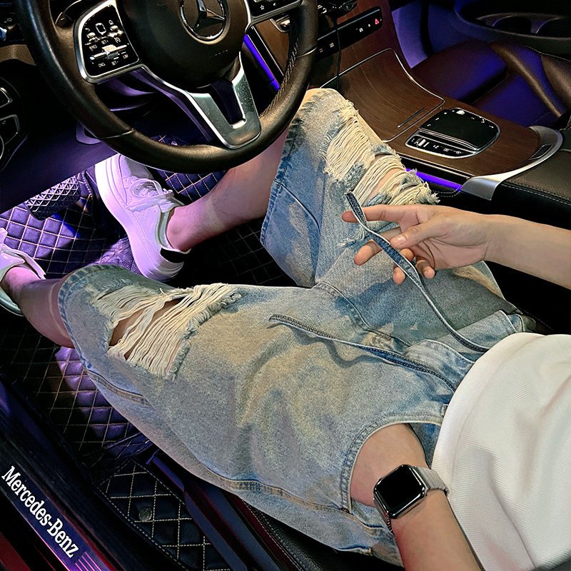 DK27-P68控98高级感休闲浅蓝牛仔短裤小伙个性炒洗破洞裤子男1,男装牛仔裤,电商A256