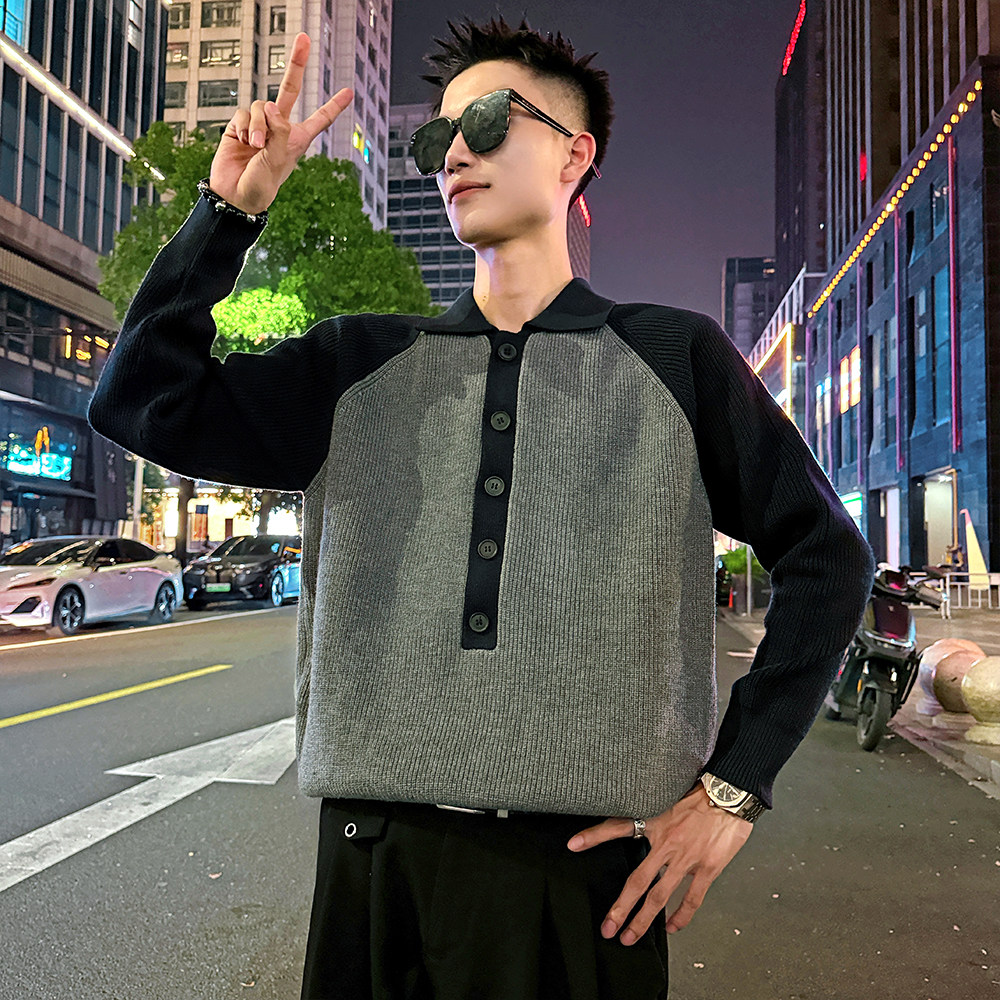 MC203/P88控118插肩袖排扣毛衣帅气个性撞色针织打底衫男3,男装T恤,电商A256