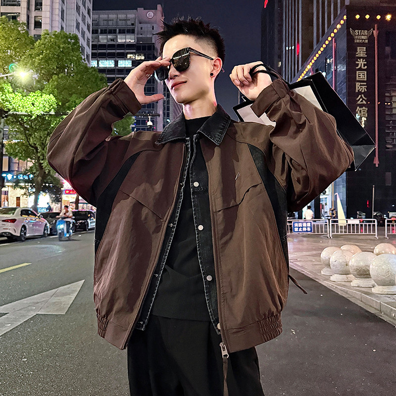 J167/P138控178 潮牌帅气小伙上衣假两件拼接牛仔夹克外套男3图片