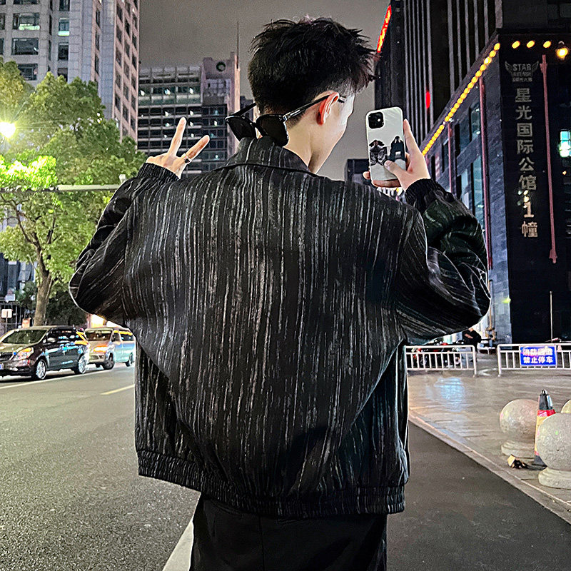J106/P108控148韩版痞帅小伙个性撒银竖条纹夹克帅气外套男黑2,男装夹克,电商A256