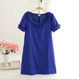 夏季 OL通勤甜美打底宝蓝全棉显瘦连衣裙 气质韩版