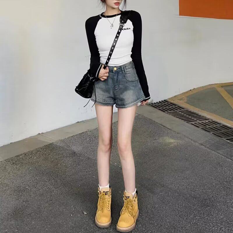 美式复古高腰牛仔短裤少女春夏季2025女生新款显高显瘦a字热裤