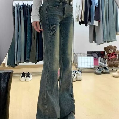 美式复古高腰微喇牛仔裤女2025春季新款修身显瘦小个子马蹄喇叭裤