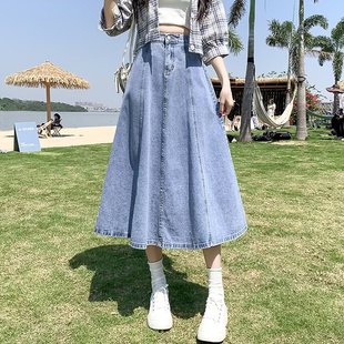 大码 牛仔裙半身裙女春夏新款 胖m高腰显瘦a字设计感中长伞裙松紧腰