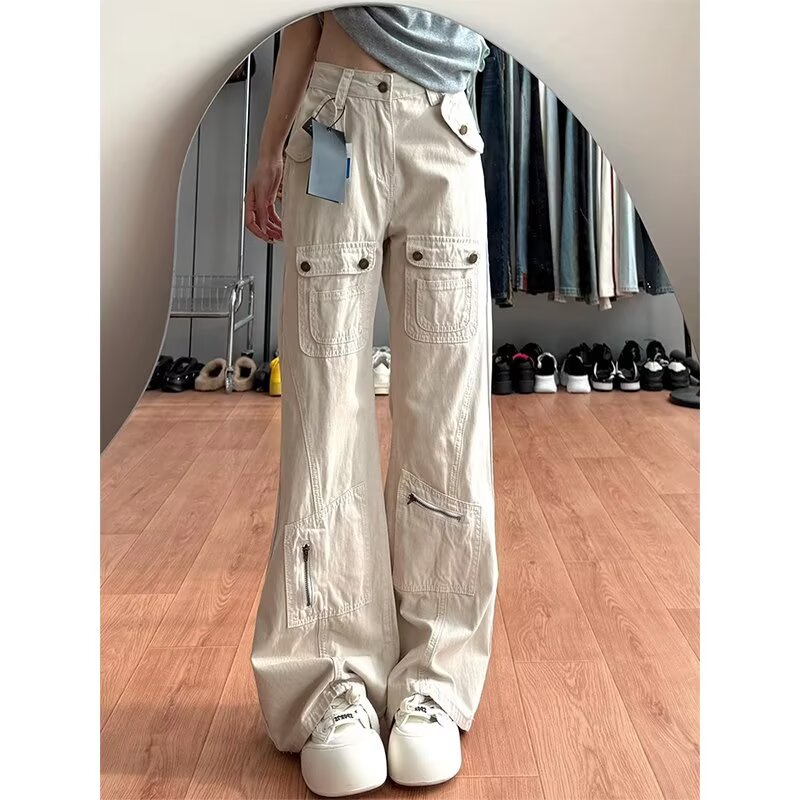 卡其色微喇工装裤女薄款2025夏季新款多口袋高腰显瘦直筒阔腿裤子
