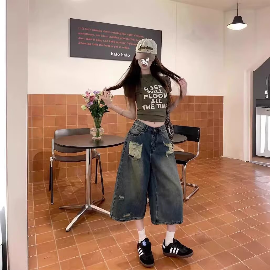 美式复古做旧牛仔裤女夏季高腰小个子直筒阔腿宽松显瘦七分裤子潮
