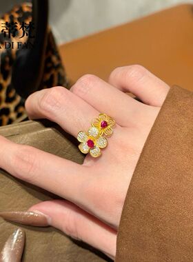 金店同款沙金点钻花漾双生戒指新中式镂空花丝满瓖花朵指环食指戒