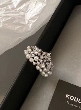 法式澳白开口宽版珍珠戒指女小众设计感可调节食指戒轻奢皇冠指环