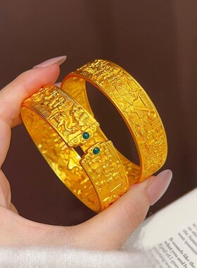 沙金饰品宽面錾刻清明上河图开口手镯金店同款小众轻奢设计感手环