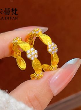 金店同款沙金点钻拉丝缎带花朵戒指复古轻奢高级感食指戒开口可调