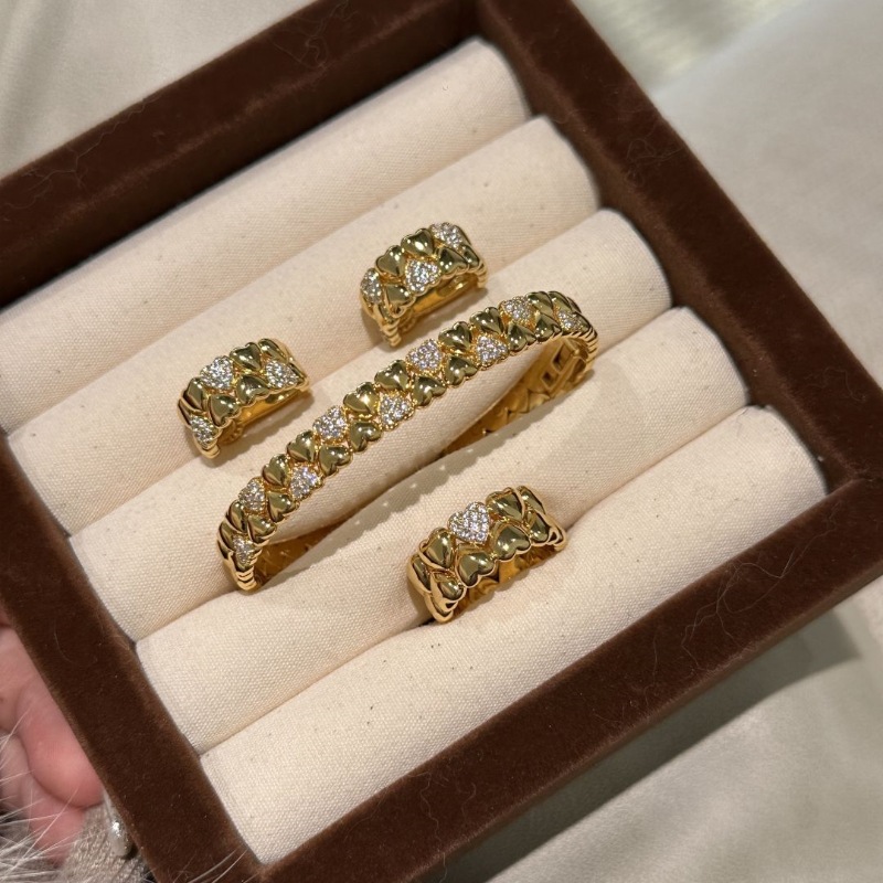Vintage新中式双层爱心戒指镶钻戒指耳钉手环高级感百搭饰品套装