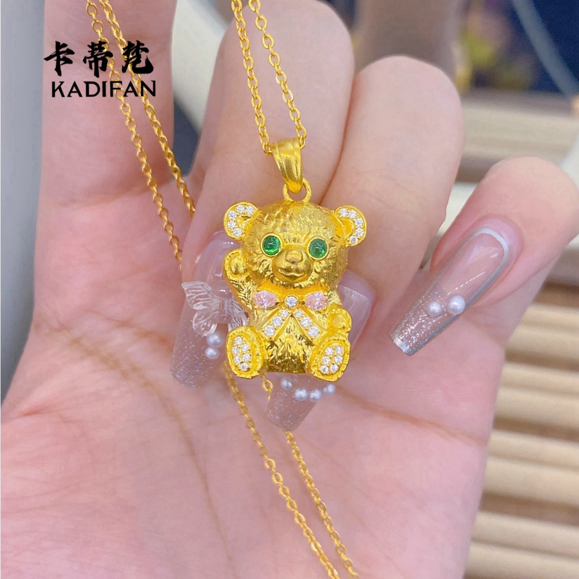 金店同款沙金久不掉色点钻蝴蝶结小熊吊坠黄金色可爱小熊项链礼物