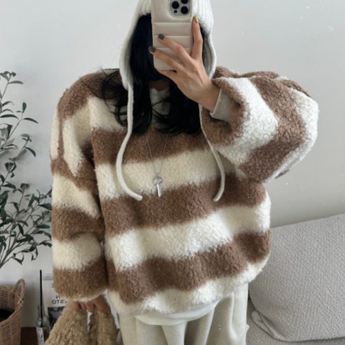 韩国冬季新款 加厚保暖撞色宽条纹羊圈毛套头长袖卫衣女