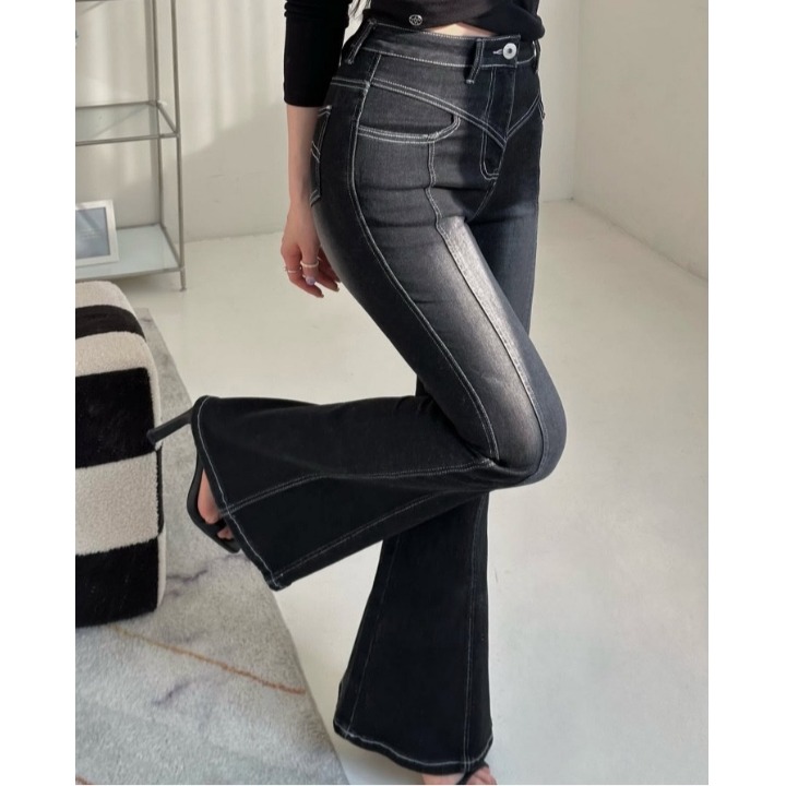 韩国 复古高腰显瘦拼接显臀修腿型紧身牛仔裤微喇长裤女