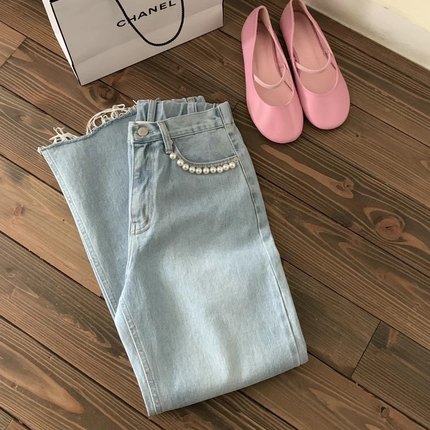 韩国东大门春夏 设计感优雅珍珠口袋直筒撕边牛仔裤显瘦九分裤女