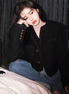 2025秋冬新款鞠婧祎明星同款黑色小香风短外套复古高级感开衫外套