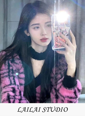 水貂绒软糯奶fufu针织上衣2025秋冬新款宽松慵懒百搭撞色格纹内搭