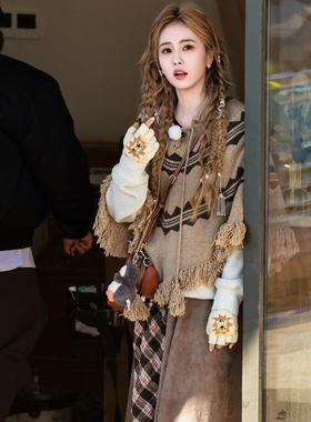 法式波西米亚风斗篷流苏针织衫女秋冬复古图案披肩外套