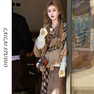 法式波西米亚风斗篷流苏针织衫女秋冬复古图案披肩外套