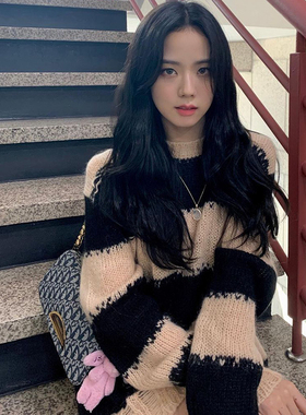 blackpink jisoo金智秀明星同款韩版宽松条纹破洞慵懒针织毛衣女
