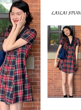 复古小众格子连衣裙2025新款女装小个子短袖收腰减龄学院风格子裙