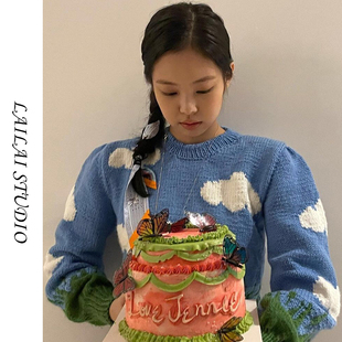 blackpink jennie明星同款毛衣女韩版宽松泡泡袖蓝天白云针织上衣