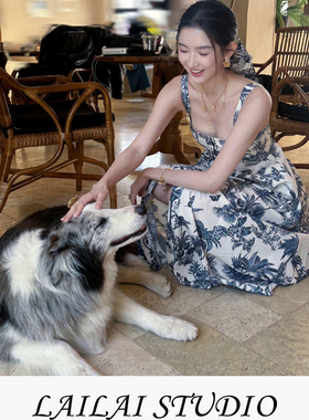 法式小众水墨印花吊带连衣裙2025夏季新款海边度假风复古气质长裙