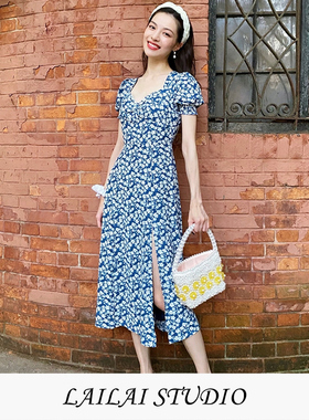 blackpinkjisoo金智秀明星同款方领复古碎花连衣裙法式开叉气质裙