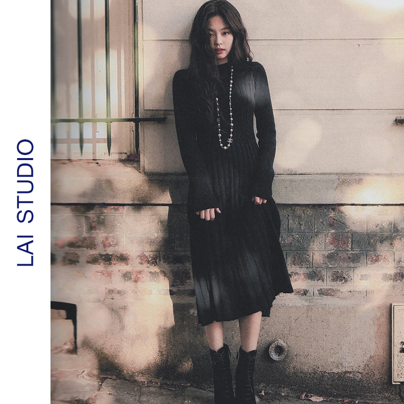 blackpink jennie明星同款黑色针织连衣裙修身显瘦长款打底毛衣裙