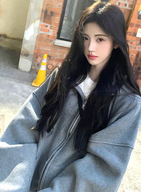 2025秋冬新款鞠婧祎明星同款宽松慵懒连帽卫衣oversize帽衫外套女