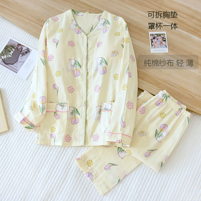 睡衣女春秋季带胸垫纯棉纱布长袖长裤薄款宽松全棉家居服套装夏季