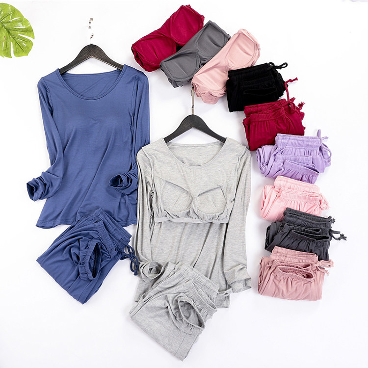 带胸垫莫代尔睡衣女春秋长袖两件套免文胸家居服套装运动可外穿夏