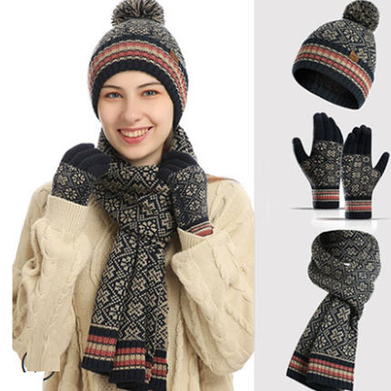 男女秋冬帽子围巾手套三件套围脖一体冬季加绒保暖冬天针织毛线帽