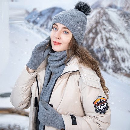 羊毛针织帽子女冬季三件套装户外骑车运动防寒保暖毛线帽手套围巾