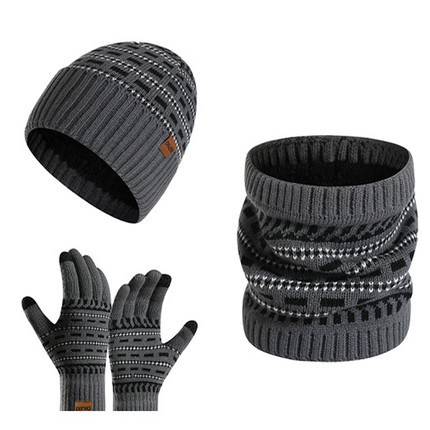 冬季加绒帽子围巾手套三件套围脖一体套装男士冬天双层保暖毛线帽