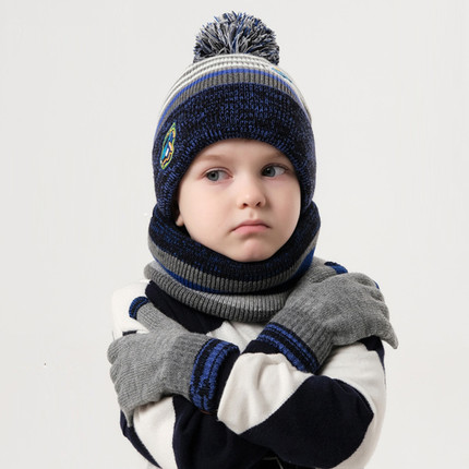 秋冬季儿童加绒帽子围脖手套三件套装男童女童小学生防寒保暖围巾