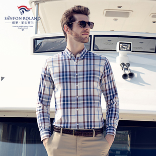 男长袖 格子衬衫 纯棉休闲中青年修身 大码 寸衣 保罗2023秋季 薄款 新款